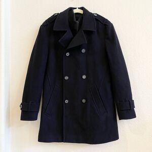 Egara Men's Wool Blend Black Pea Zip Button Coat Jacket Double Breasted Small